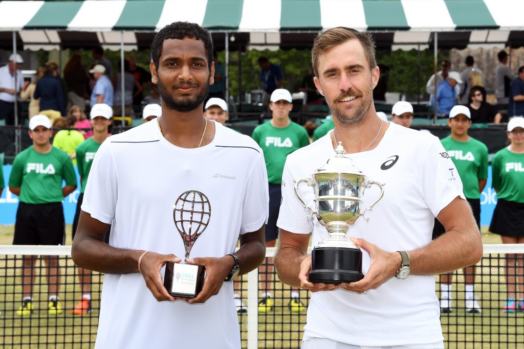 July 22, 2018 - Singles Champion Steve Johnson and finalist Ramkumar Ramanathan at the Dell Technologies Hall of Fame Open at the International Tennis Hall of Fame in Newport, Rhode Island. (Ben Solomon/ITHF)