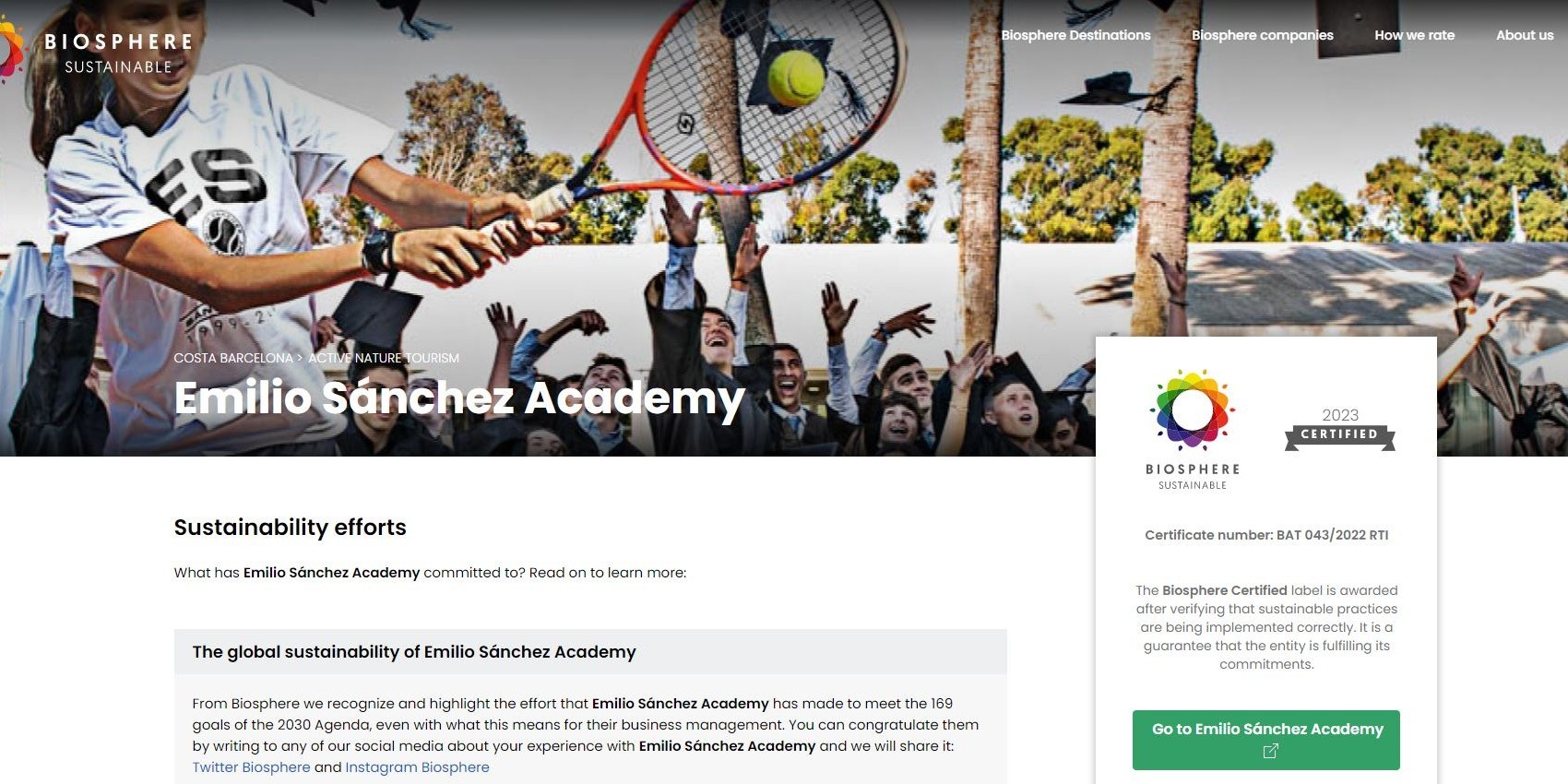 Emilio Sánchez Academy renewed Biosphere Tourism Sustainability certificate